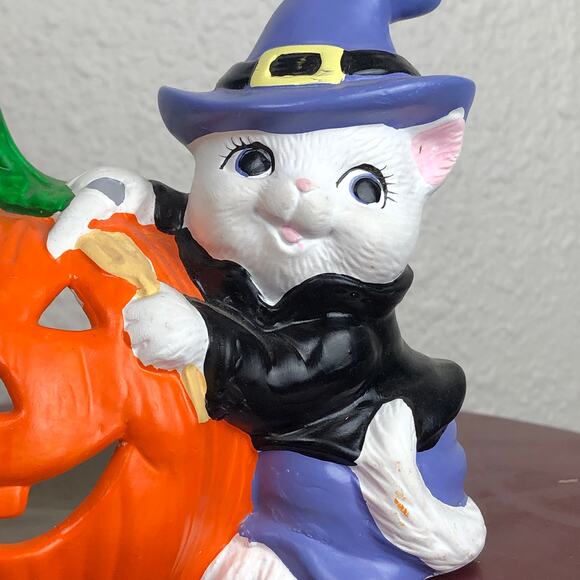 Vintage Hand Painted Halloween White Cat & Pumpkin Figure Decor - Picture 4 of 13